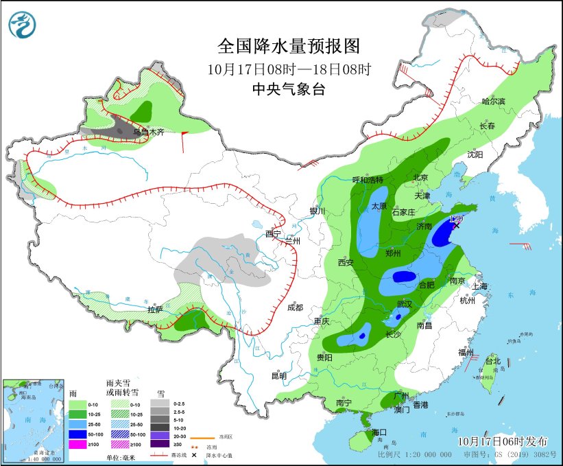 全国降水量预报图(10月17日08时-18日08时) 图片来源：中央气象台网站