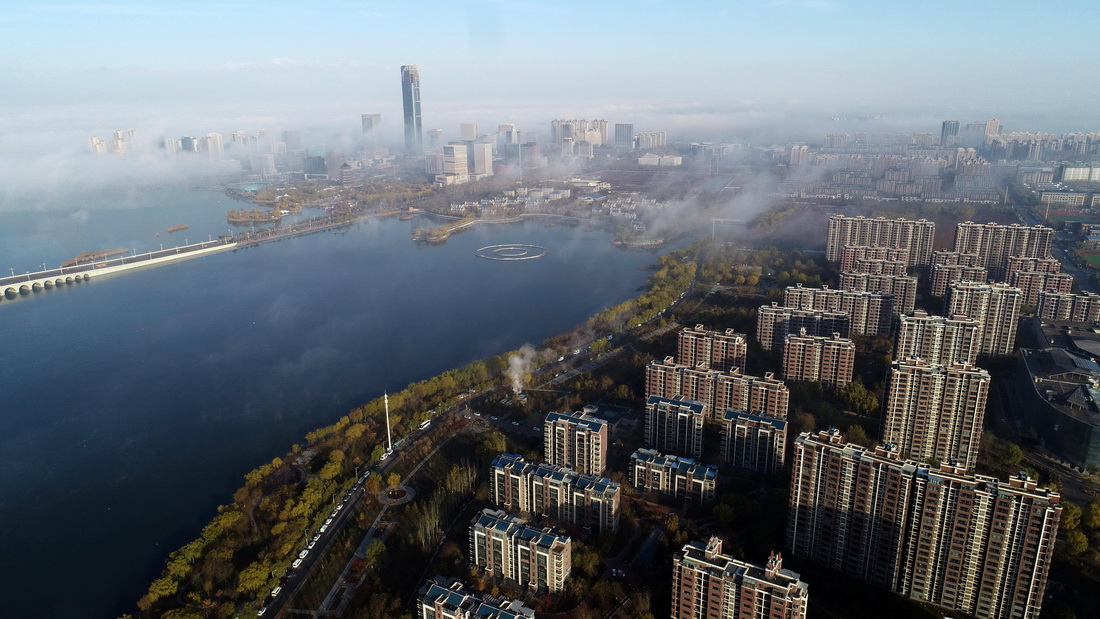 这是2022年11月12日拍摄的宁夏银川市阅海国家湿地公园（无人机照片）。 新华社记者 王鹏 摄